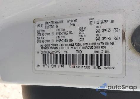 2002 Dodge Ram 1500 St from USA, damaged, VIN 3D7HU18N52G156777